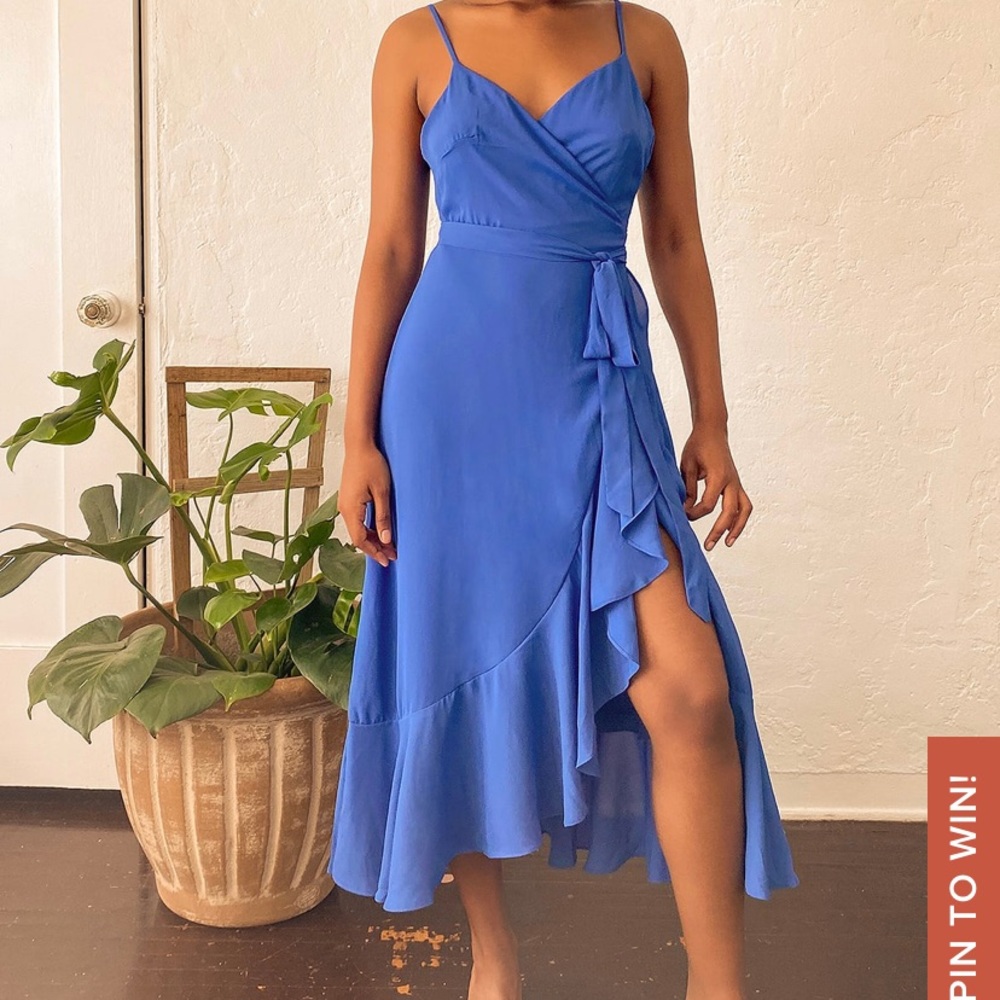 Manhattan Moment Blue Ruffled Midi Wrap Dress